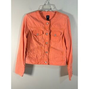Gap Womens Coral Orange Collarless Denim Jacket Stretch Cotton Size S RN 54023